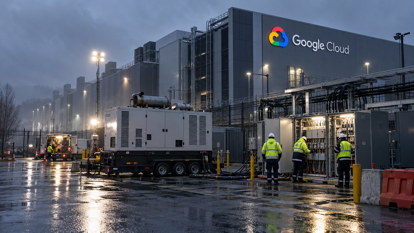 Ilustración editorial generada con IA: exterior de un centro de datos con el logo de Google Cloud en la fachada, en una mañana gris y lluviosa, con un generador diésel móvil conectado y técnicos con chalecos reflectantes revisando tableros eléctricos; composición conceptual, no es una fotografía del centro de datos afectado.