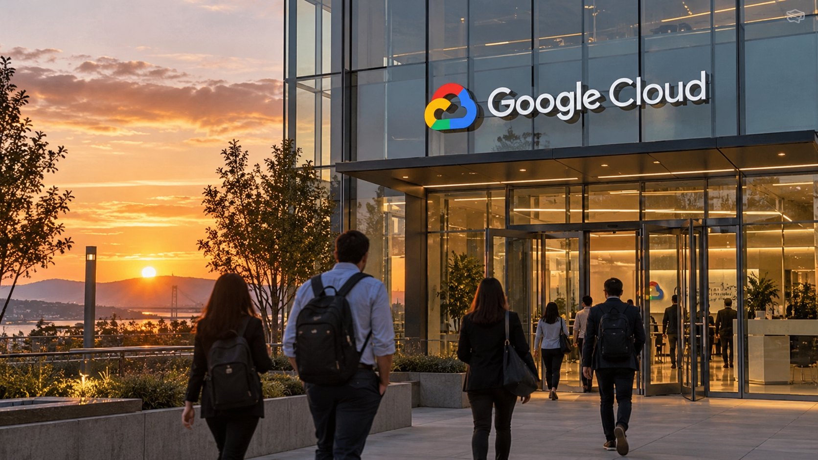 Ilustración editorial generada con IA: empleados de espaldas, con mochilas y laptops, caminan al atardecer hacia la entrada de un edificio corporativo de vidrio con el logotipo de Google Cloud en la fachada; composición conceptual, no es una fotografía de una sede real.