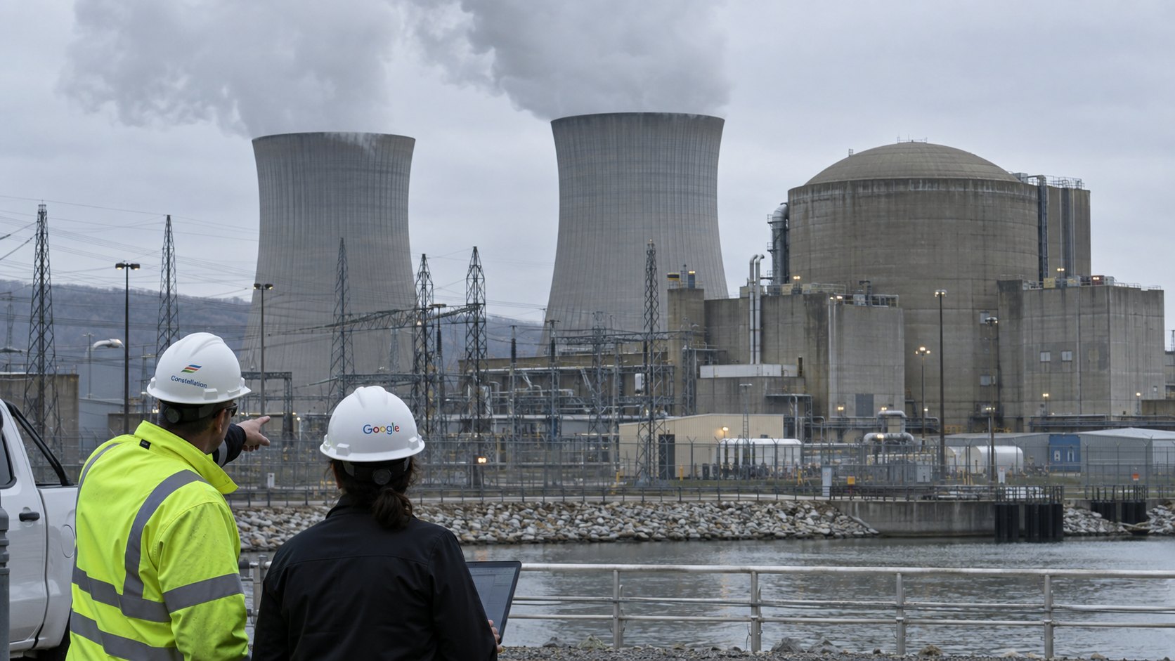 Ilustración editorial generada con IA: dos técnicos con cascos de Constellation y de Google observan una central nuclear con torres de enfriamiento y un edificio de contención junto a un río; composición conceptual, no es una fotografía de una planta ni de un encuentro reales.