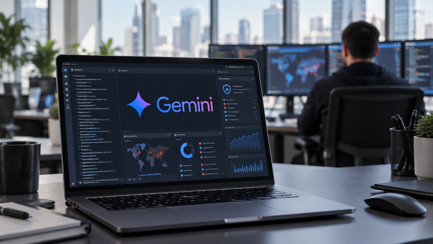 Ilustración editorial generada con IA: una laptop abierta en primer plano con el logo de Google Gemini en la pantalla y paneles de análisis de seguridad, en un centro de operaciones de ciberseguridad con ventanales, mientras un analista de espaldas revisa monitores con mapas; composición conceptual, no es una fotografía de oficinas de Google.