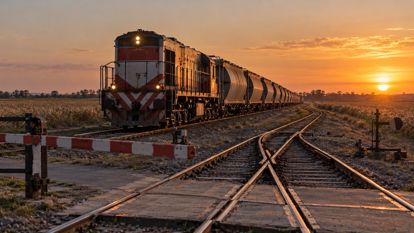 Ilustración editorial generada con IA: un tren de carga con locomotora diésel y vagones tolva graneleros detenido junto a un cambio de vías y una barrera, con el campo cosechado al fondo al atardecer; composición conceptual, no es una fotografía de un tren o una línea identificados.