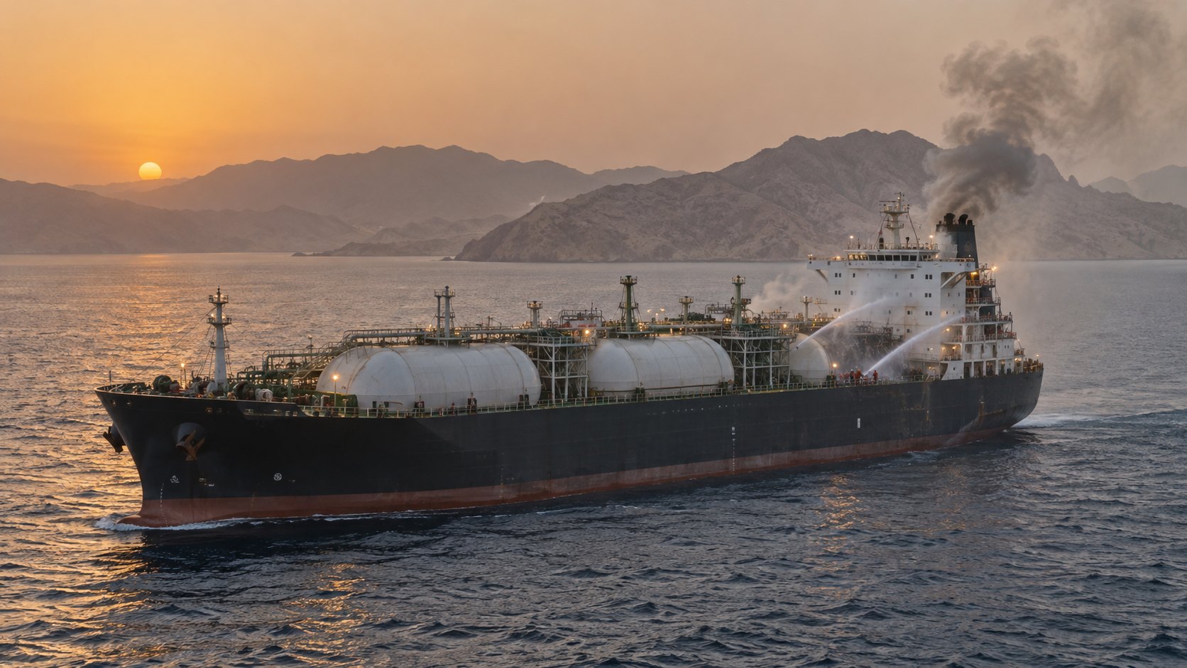 Ilustraci\u00f3n editorial generada con IA: un gran buque gasero navega al atardecer frente a la costa monta\u00f1osa de los Emiratos, con una columna de humo que sale de la popa y tripulantes que lanzan agua con mangueras sobre la cubierta; composici\u00f3n conceptual, no es una fotograf\u00eda del NV Sunshine ni del ataque.