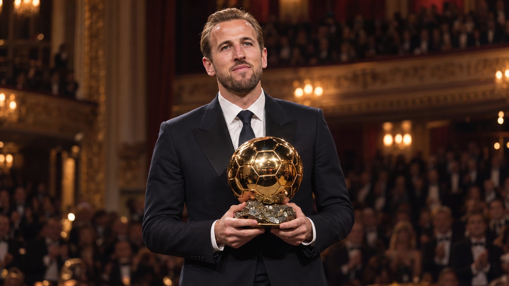 Ilustración editorial generada con IA: Harry Kane, de traje oscuro, sostiene el trofeo dorado del Balón de Oro en el escenario de un teatro de Londres, con el público de fondo; composición representativa, no es una fotografía de la gala.