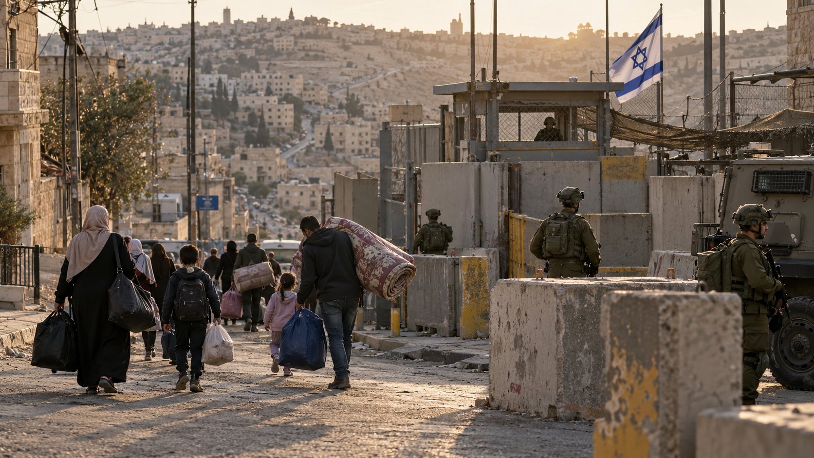 Ilustración editorial generada con IA: un puesto de control militar israelí a la entrada de Hebrón, con soldados, bloques de hormigón y una bandera de Israel, mientras familias palestinas cargan bolsos y una alfombra enrollada por una calle en pendiente; composición conceptual, no es una fotografía del operativo del 24 de octubre.