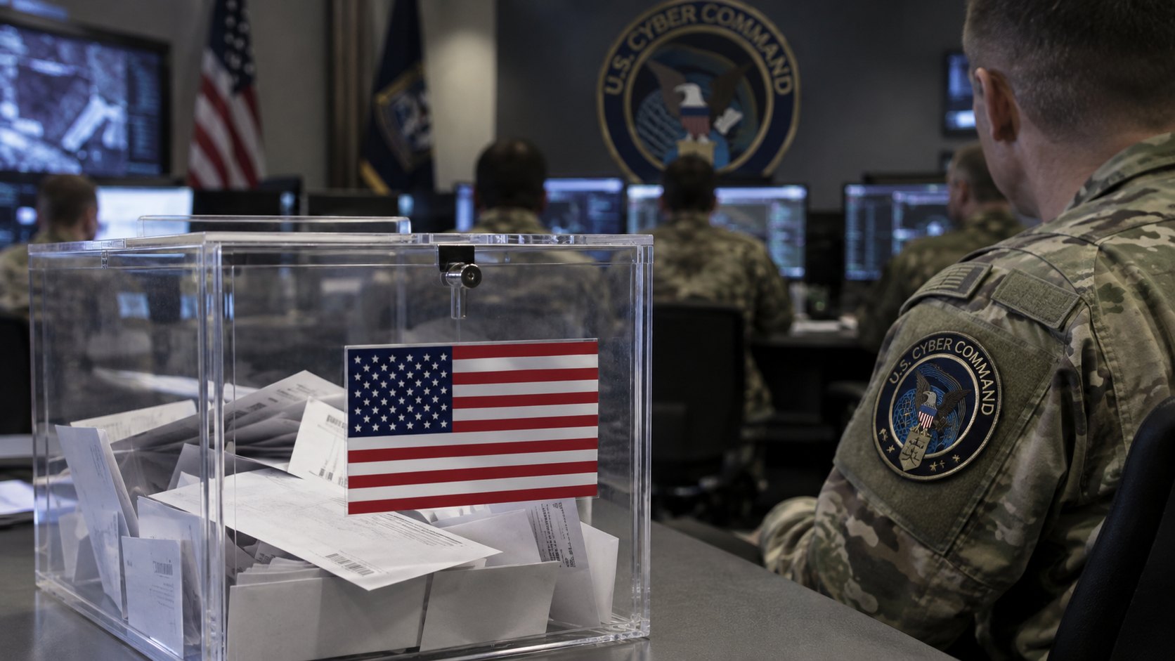 Ilustración editorial generada con IA: una urna electoral transparente con una pequeña bandera de Estados Unidos en primer plano y, detrás, operadores militares de ciberdefensa frente a monitores; composición conceptual, no es una fotografía de instalaciones ni de hechos reales.