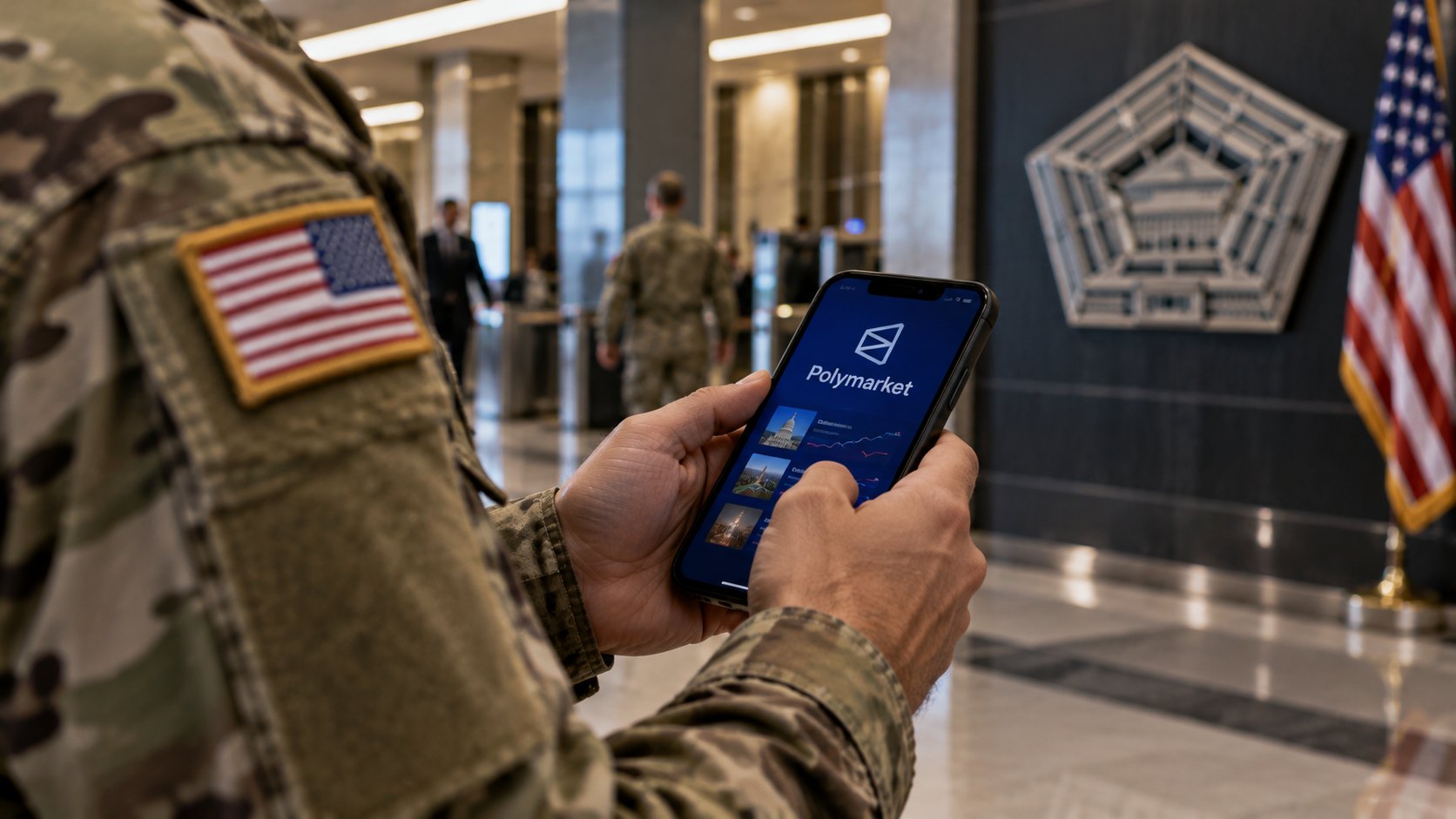 Ilustración editorial generada con IA: las manos de un militar estadounidense con uniforme de camuflaje y la bandera de EE.UU. en la manga sostienen un celular con la app de Polymarket en un pasillo del Pentágono, con el emblema del edificio y una bandera al fondo; composición conceptual, no es una fotografía de un caso real.