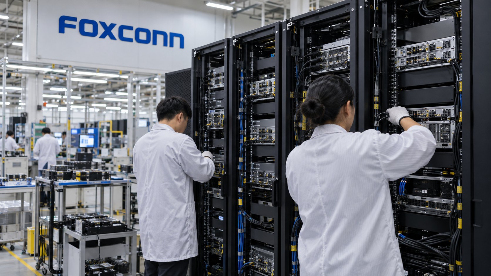 Ilustración editorial generada con IA: dos técnicos con guardapolvo blanco arman racks de servidores de inteligencia artificial en una planta de ensamblaje, con el logo de Foxconn en la pared del fondo; composición conceptual, no es una fotografía de una planta real de Hon Hai.