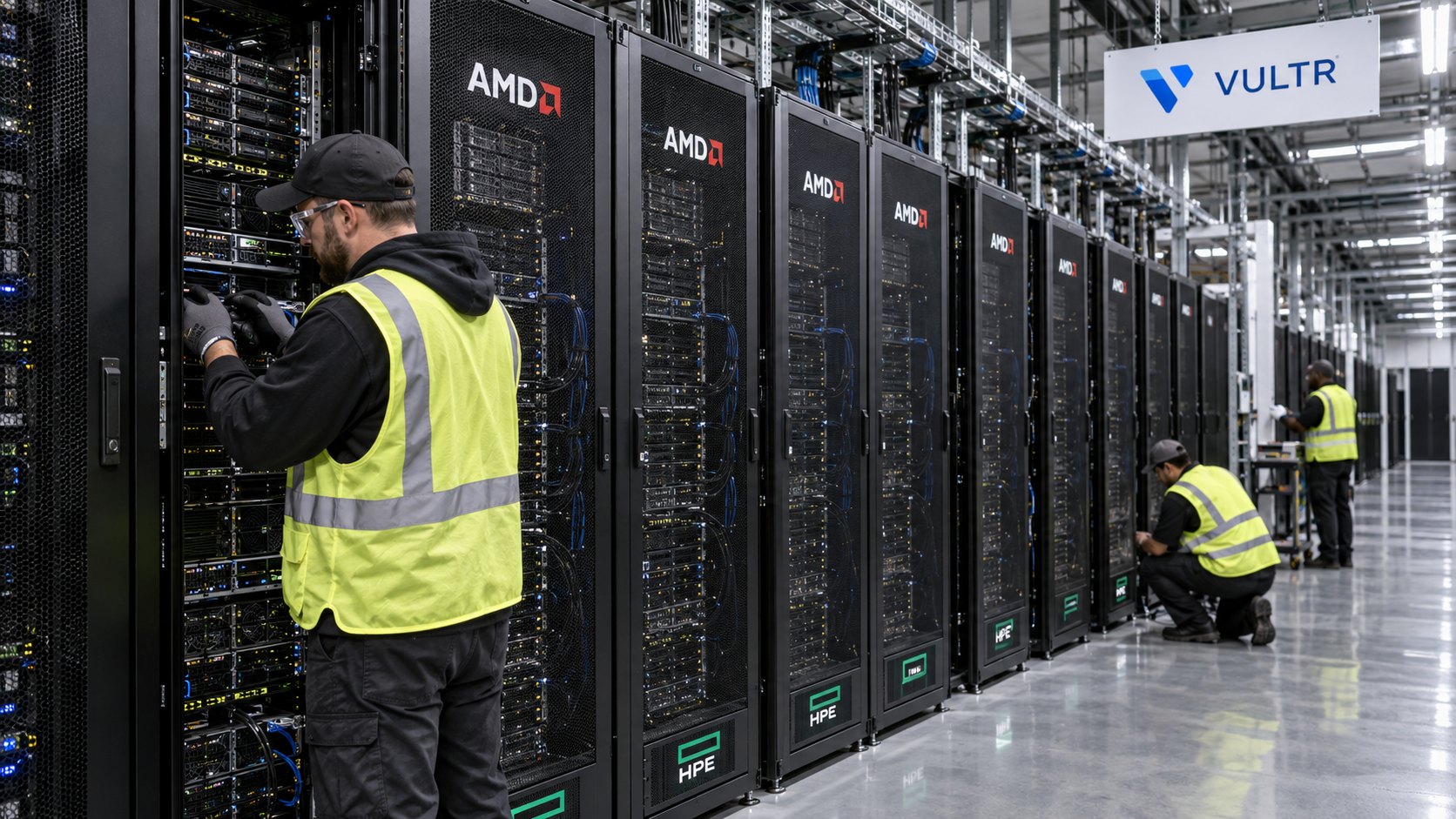 Ilustración editorial generada con IA: una fila de racks de servidores de IA negros con el logo de AMD en las puertas y placas de HPE en la base, en el pasillo de un centro de datos con un cartel de Vultr, mientras técnicos terminan la instalación; composición conceptual, no es una fotografía de los equipos ni de un centro de datos real.