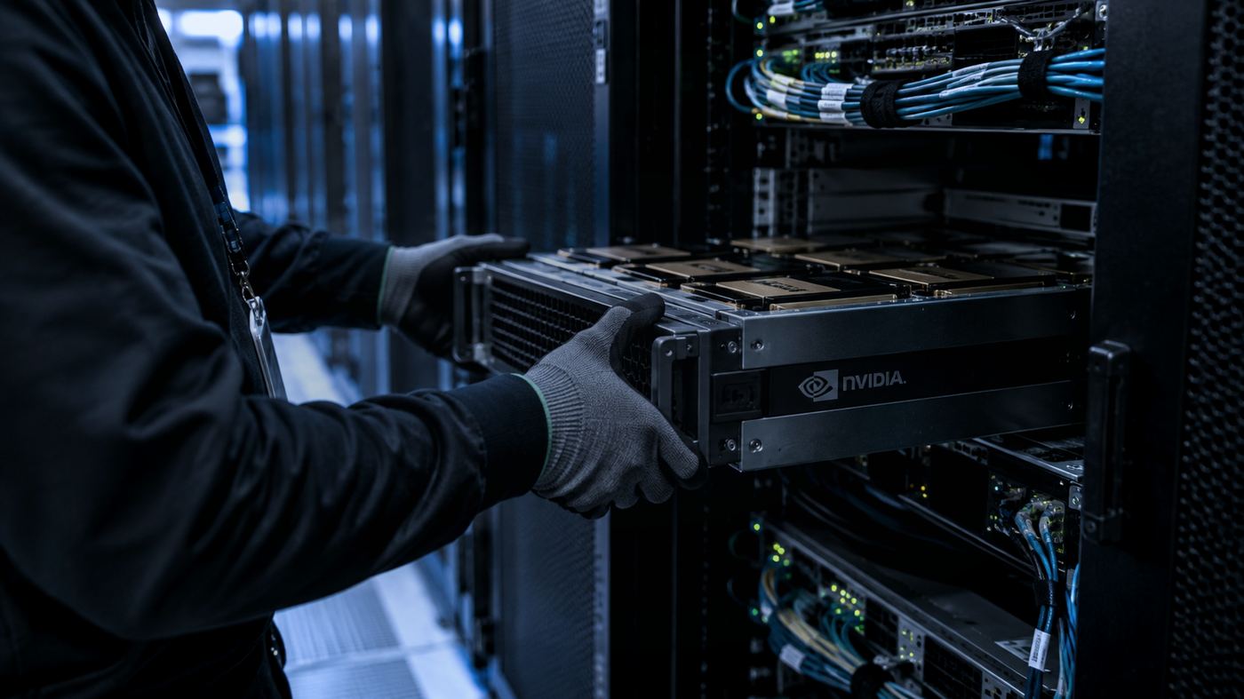 Manos de un técnico instalando una bandeja de servidor con GPU en un rack de un centro de datos, con cables de fibra óptica y luces indicadoras bajo luz fría azulada