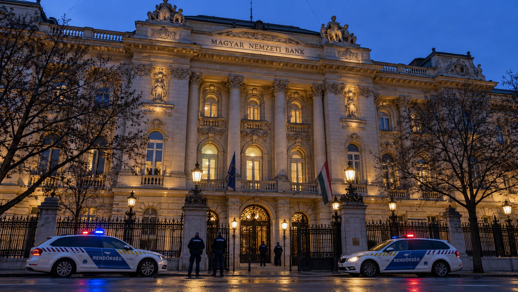 Ilustración editorial generada con IA: la fachada neoclásica de la sede del Banco Nacional de Hungría en la plaza Szabadság de Budapest al anochecer, con patrulleros de la policía húngara estacionados al frente y agentes de espaldas; composición conceptual, no es una fotografía del operativo real.