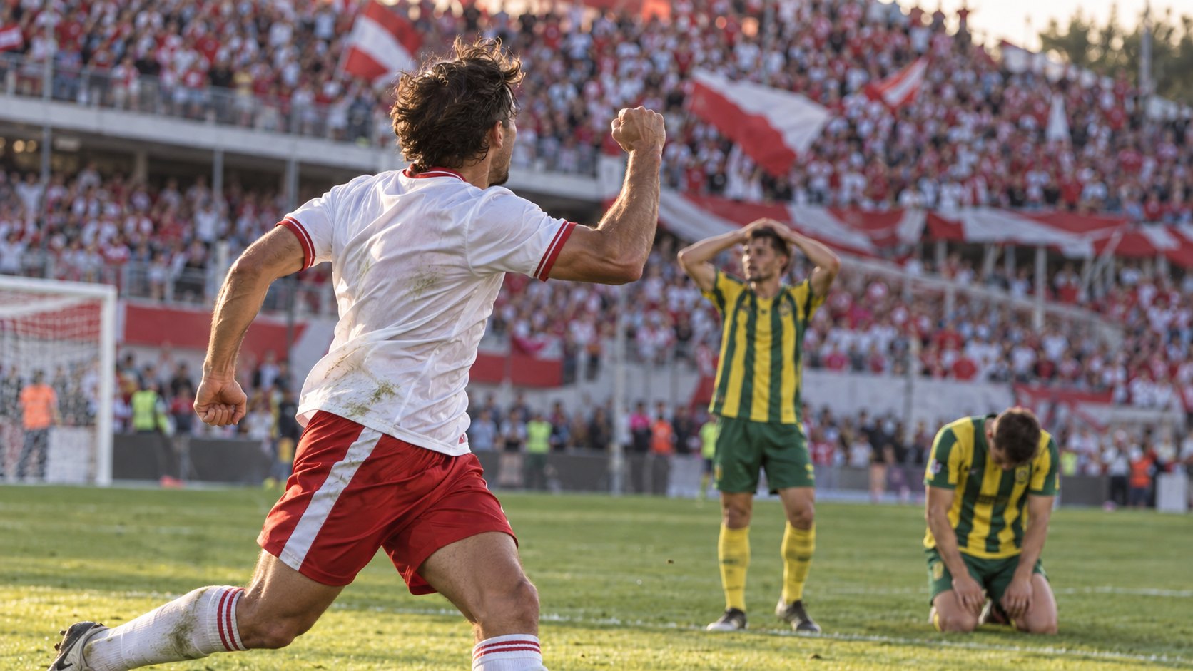 Ilustración editorial generada con IA: de tarde, un futbolista con camiseta blanca y pantalón rojo festeja un gol con el puño en alto frente a una tribuna llena de hinchas con banderas rojas y blancas, mientras dos jugadores con camiseta a bastones amarillos y verdes se lamentan, uno de rodillas; no es una fotografía del partido ni representa a jugadores reales.