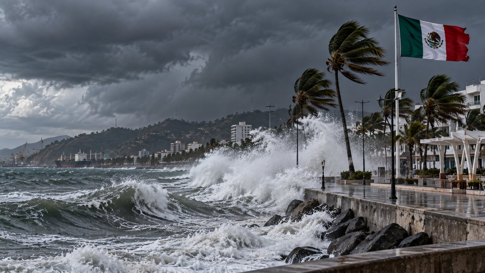 Ilustración editorial generada con IA: olas grandes rompen contra el malecón de una ciudad costera del Pacífico mexicano bajo un cielo de tormenta oscuro, con palmeras dobladas por el viento y una bandera de México; composición conceptual, no es una fotografía del huracán Trudy.