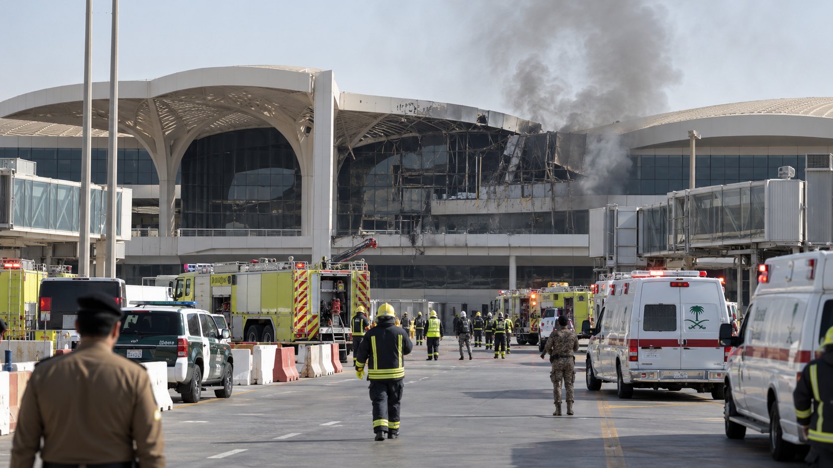 Ilustración editorial generada con IA: exterior de la terminal del Aeropuerto Internacional Rey Khalid de Riad con un sector de la fachada dañado, una columna de humo y vehículos de emergencia y personal en la explanada; composición conceptual, no es una fotografía del ataque.