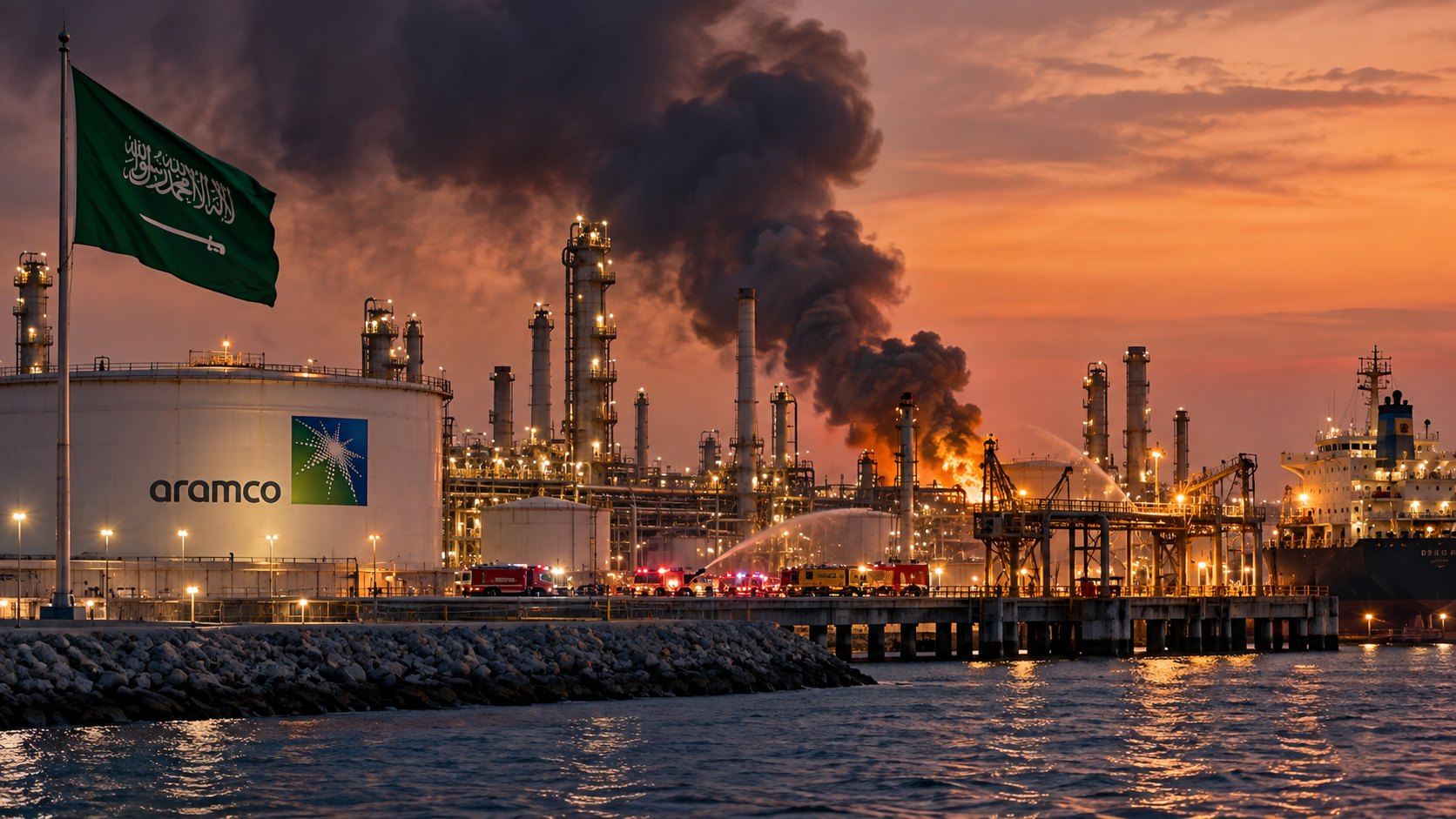 Ilustración editorial generada con IA: la refinería de Ras Tanura de Saudi Aramco al anochecer
