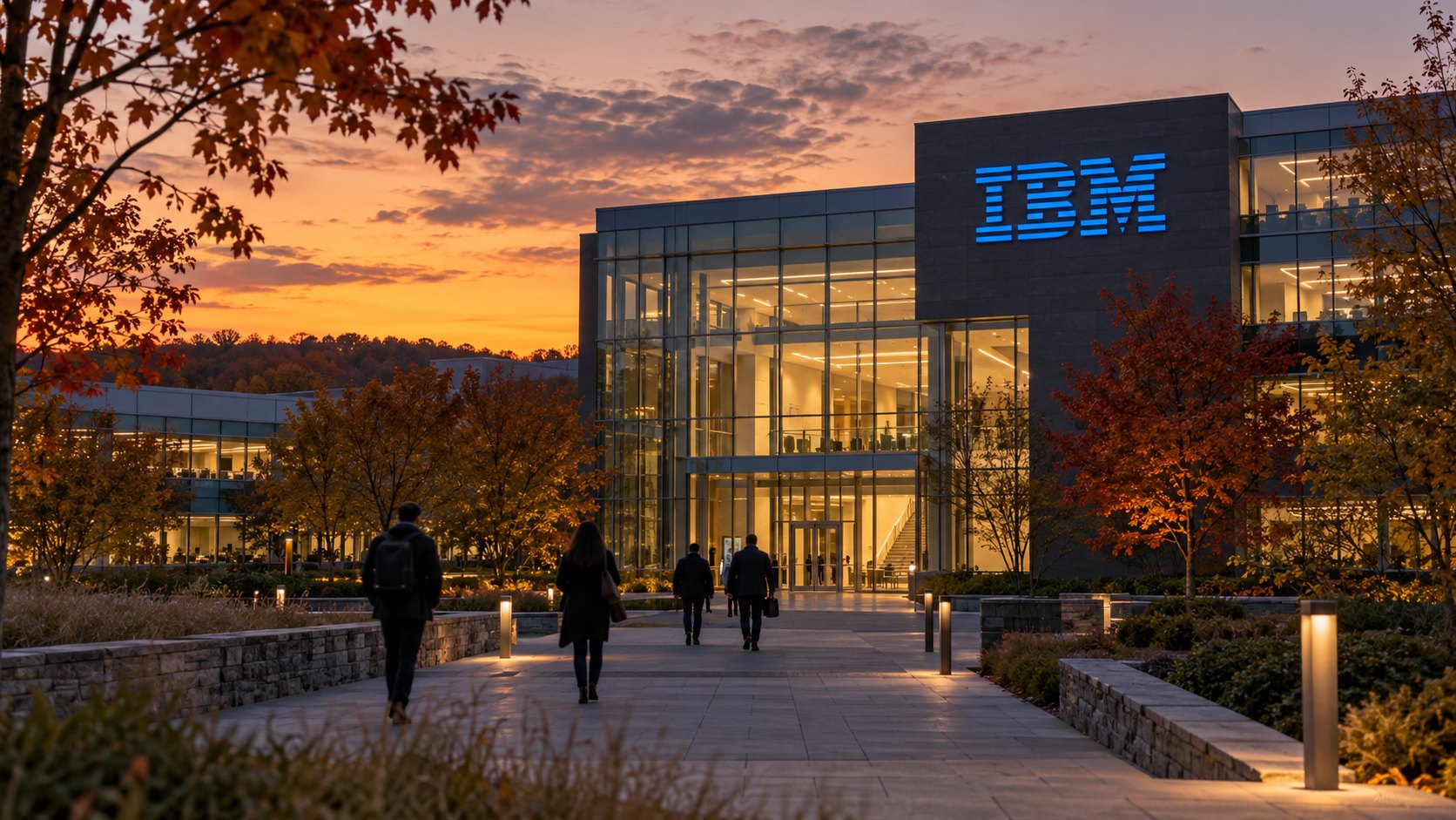 Ilustración editorial generada con IA: el logo de IBM iluminado en azul sobre la fachada de vidrio de un edificio corporativo al atardecer de otoño, con empleados caminando por la explanada; composición conceptual, no es una fotografía de una sede real.
