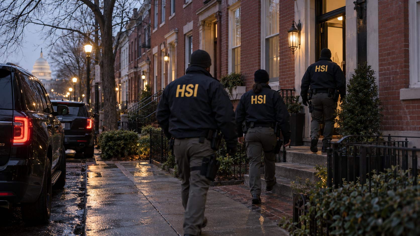 Ilustración editorial generada con IA: tres agentes federales de espaldas, con chaquetas con la sigla HSI, caminan al amanecer hacia la entrada de una casa de ladrillo en una calle residencial de Washington, junto a camionetas negras, con la cúpula del Capitolio al fondo; composición representativa, no es la casa de Ilhan Omar ni una fotografía del operativo.