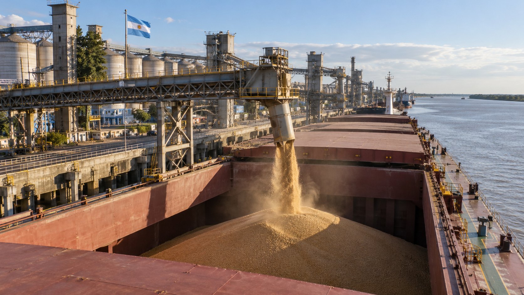 Ilustración editorial generada con IA: un buque granelero recibe harina de soja en una terminal portuaria sobre el río Paraná, con una bandera argentina en primer plano; composición conceptual, no es una fotografía de una terminal ni de un embarque reales.