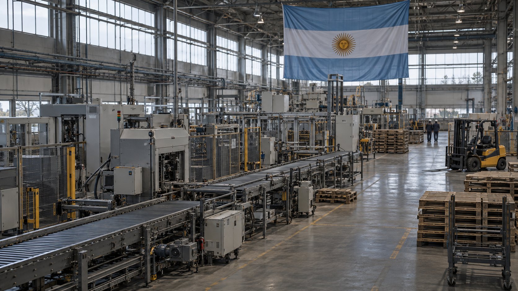 Ilustración editorial generada con IA: una línea de producción detenida en una planta industrial argentina, con cintas vacías, pallets apilados y una bandera argentina colgada del techo; no representa una fábrica ni un hecho reales.