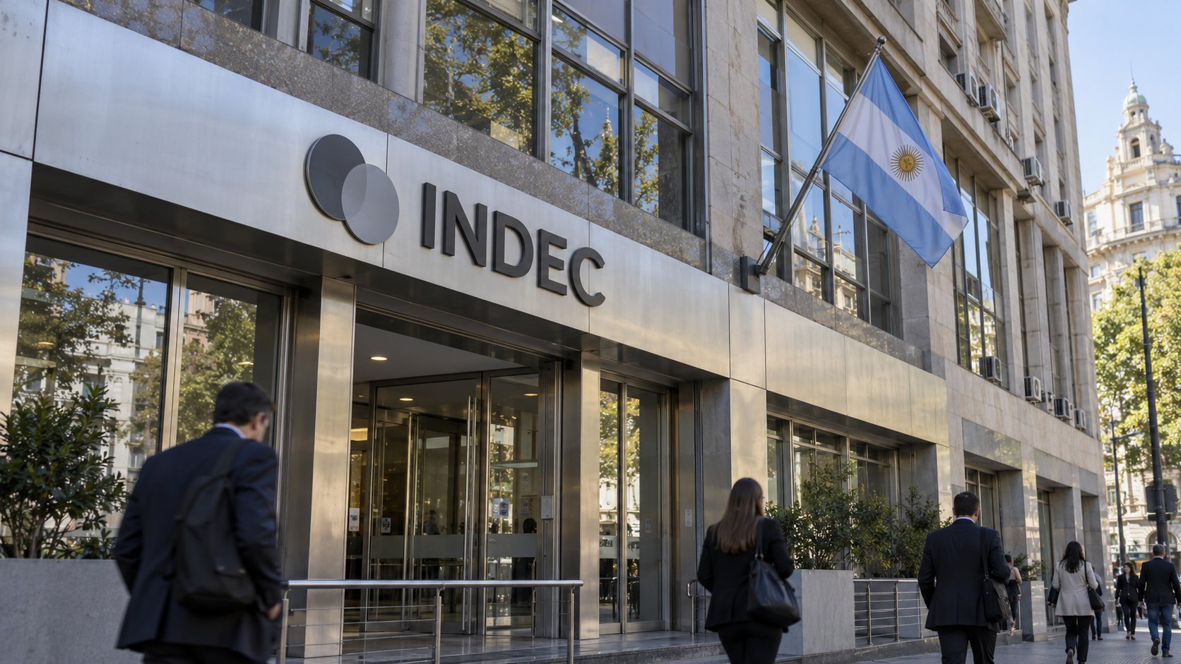 Ilustración editorial generada con IA: la fachada del edificio del INDEC en Buenos Aires, con su cartel institucional y peatones en la vereda; composición conceptual, no es una fotografía de un hecho real.