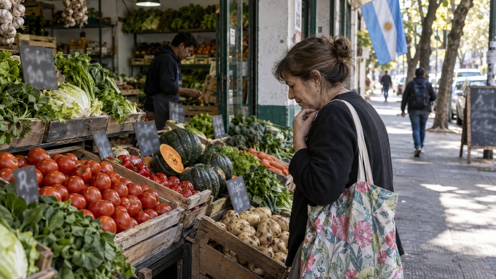 Ilustración editorial generada con IA: una clienta mira los precios en los cajones de tomates, zapallos y papas de una verdulería de barrio en Buenos Aires, con una bandera argentina en la vereda; composición conceptual, no es una fotografía de un comercio real.