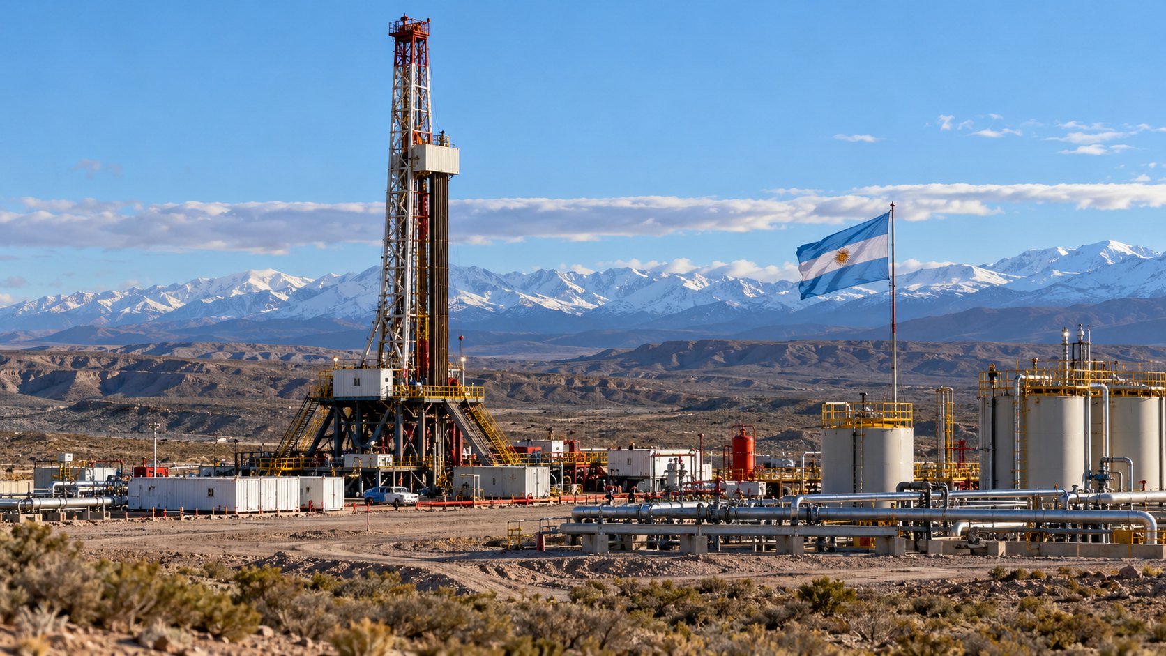 Ilustración editorial generada con IA: un equipo de perforación petrolera junto a tanques e instalaciones de superficie en un yacimiento de la meseta neuquina, con una bandera argentina y la cordillera nevada al fondo; composición conceptual, no es una fotografía de un yacimiento real.