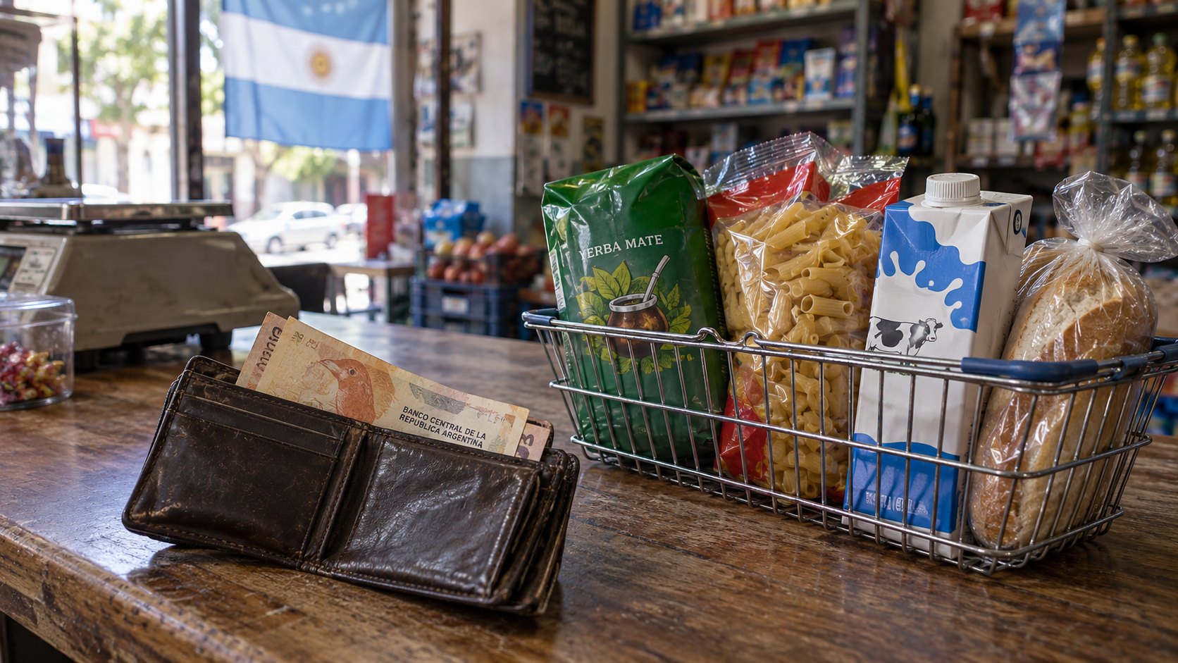Ilustración editorial generada con IA: una billetera de cuero gastada con pocos billetes de pesos junto a una canasta de alambre con yerba, fideos, leche y pan sobre el mostrador de un almacén de barrio, con una bandera argentina al fondo; no representa un comercio ni personas reales.
