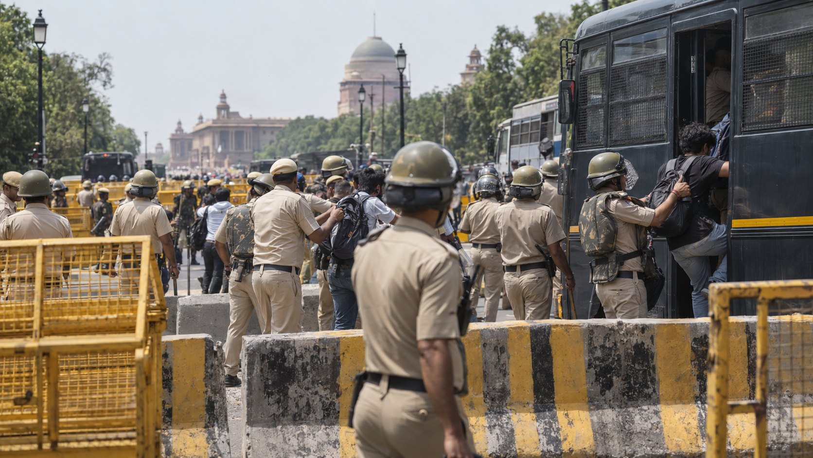 Ilustración editorial generada con IA: policías indios con cascos y uniforme caqui suben a manifestantes a un ómnibus policial en una avenida del centro de Nueva Delhi cerrada con vallas y bloques de hormigón, con edificios de gobierno al fondo; composición conceptual, no es una fotografía de las detenciones del 10 de octubre.