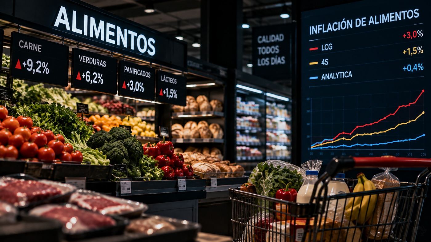Puesto de verduras y frutas iluminado de noche en un mercado, con gráficos de inflación superpuestos en la escena