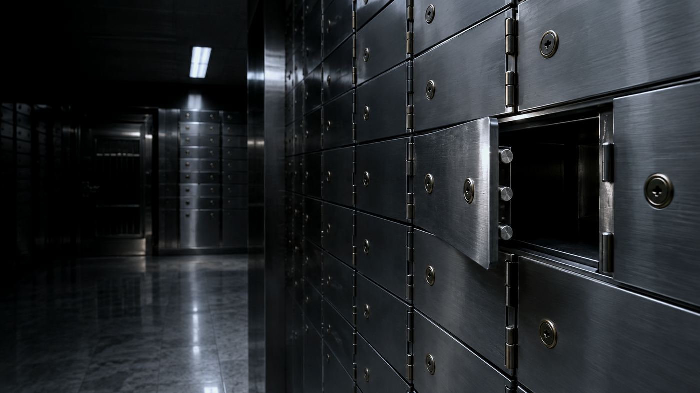 Interior de una bóveda bancaria con hileras de cajas de seguridad numeradas, una de ellas abierta, bajo luz fría institucional