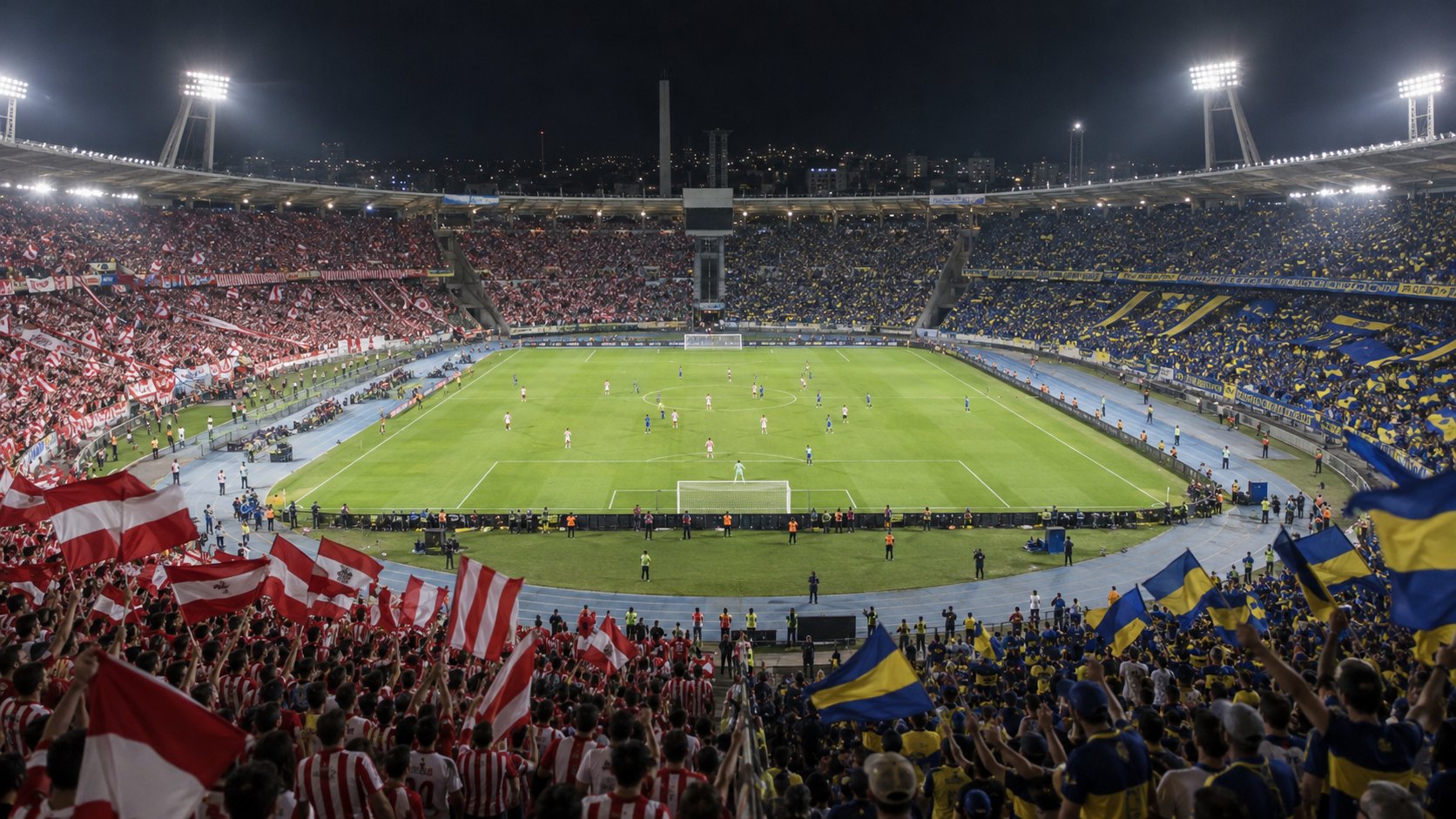 Ilustración editorial generada con IA: el estadio Mario Alberto Kempes de noche, con las tribunas divididas entre hinchas de Instituto de rojo y blanco y de Boca de azul y amarillo, y el partido en juego bajo las torres de luz; no es una fotografía del partido ni representa a jugadores reales.