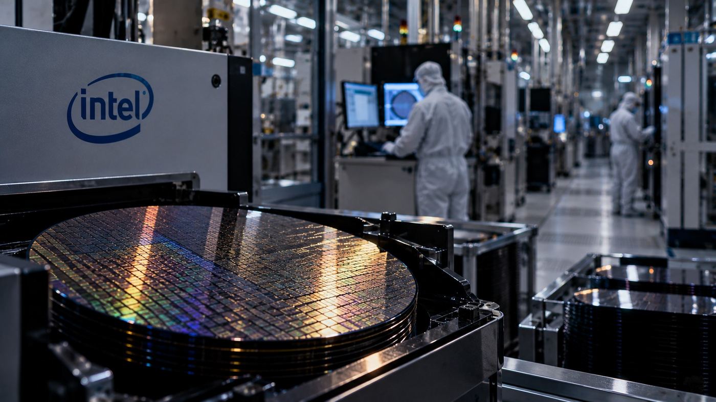 Interior de una planta de fabricación de semiconductores iluminada en tonos azules durante la noche