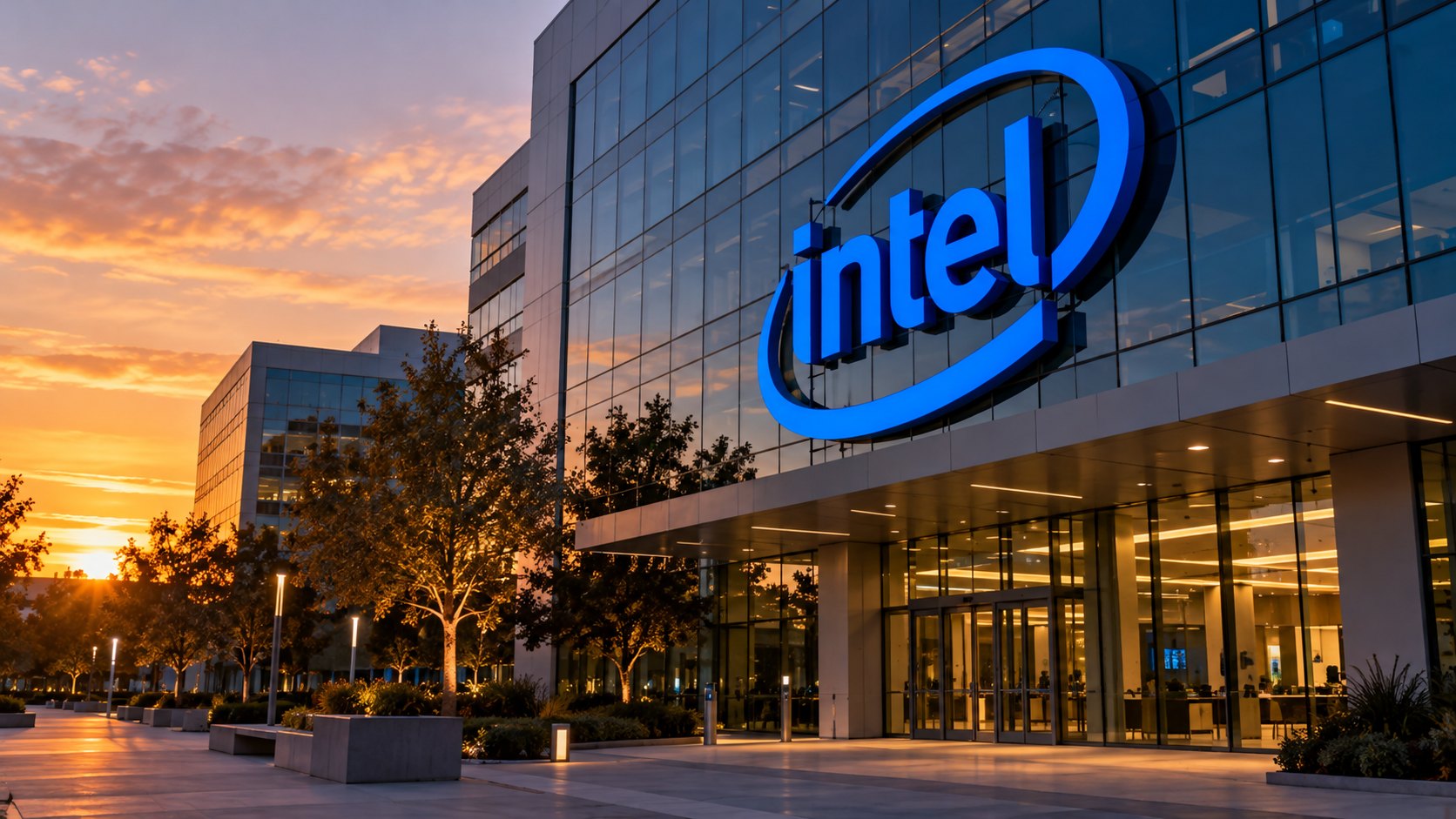 Ilustración editorial generada con IA: el edificio corporativo de Intel en Santa Clara, California, con el logotipo de Intel en la fachada, al atardecer; composición representativa, no es una fotografía del anuncio.