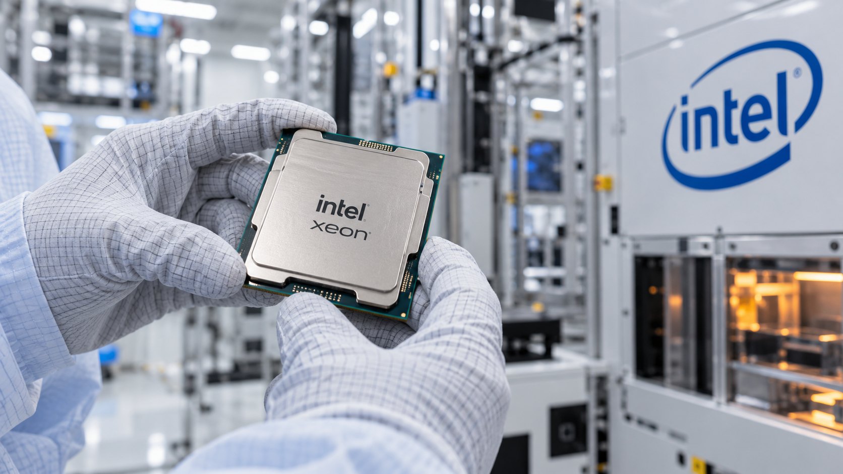 Ilustración editorial generada con IA: un procesador de servidor Intel Xeon sostenido con guantes en la sala limpia de una fábrica, con el logo de Intel al fondo; composición conceptual, no es una fotografía documental.