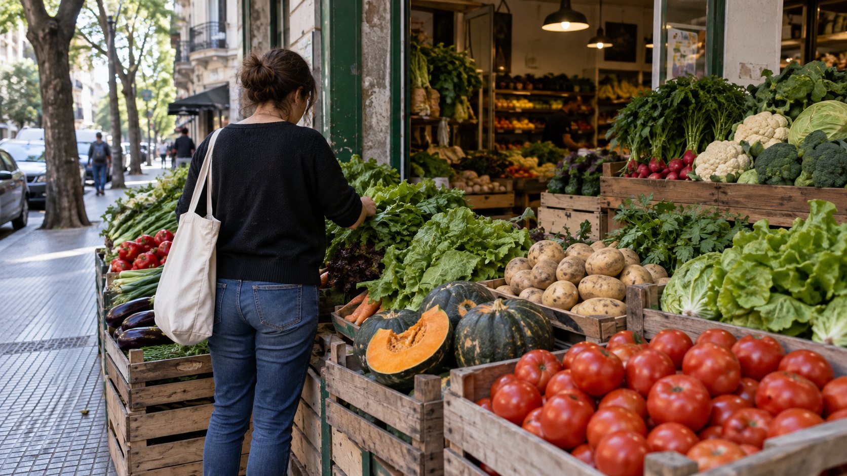 Ilustración editorial generada con IA: una clienta de espaldas elige verduras en los cajones de una verdulería de barrio en Buenos Aires, con tomates, zapallos, papas y lechugas en la vereda; composición conceptual, no es una fotografía de un comercio real.