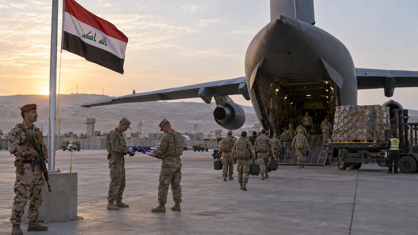 Ilustración editorial generada con IA: soldados estadounidenses suben con sus bolsos a un avión de carga C-17 en una base aérea del norte de Irak al amanecer, mientras un soldado iraquí custodia un mástil con la bandera de Irak; composición conceptual, no es una fotografía del retiro.