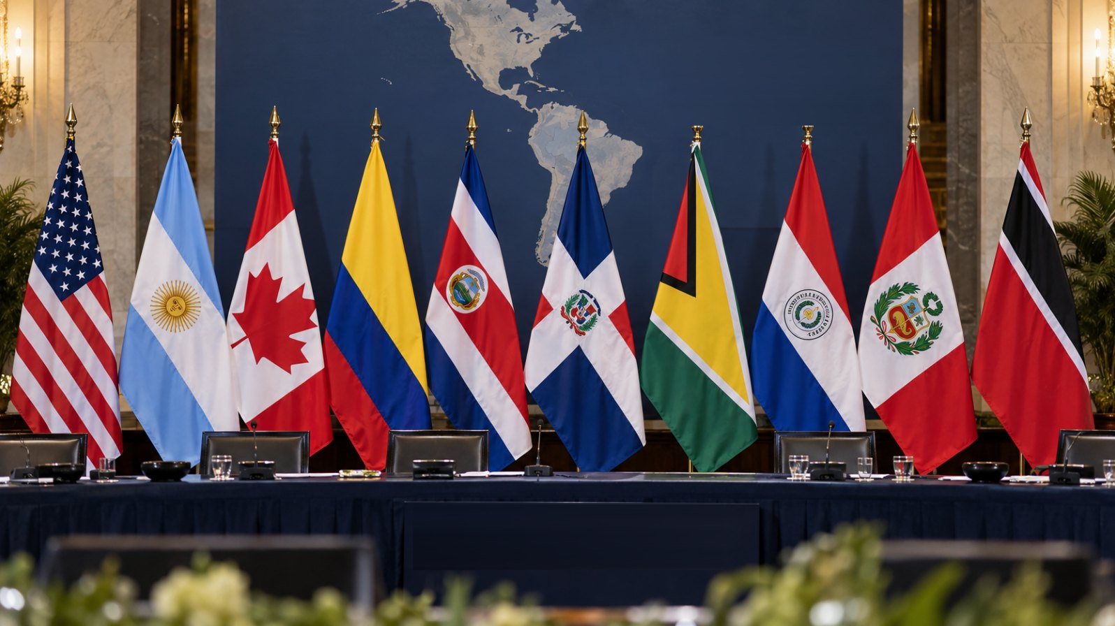 Ilustración editorial generada con IA: las banderas de Estados Unidos, la Argentina, Canadá, Colombia, Costa Rica, República Dominicana, Guyana, Paraguay, Perú y Trinidad y Tobago en fila detrás de una mesa de conferencias, ante un mapa de América; composición conceptual, no es una fotografía de una reunión real.