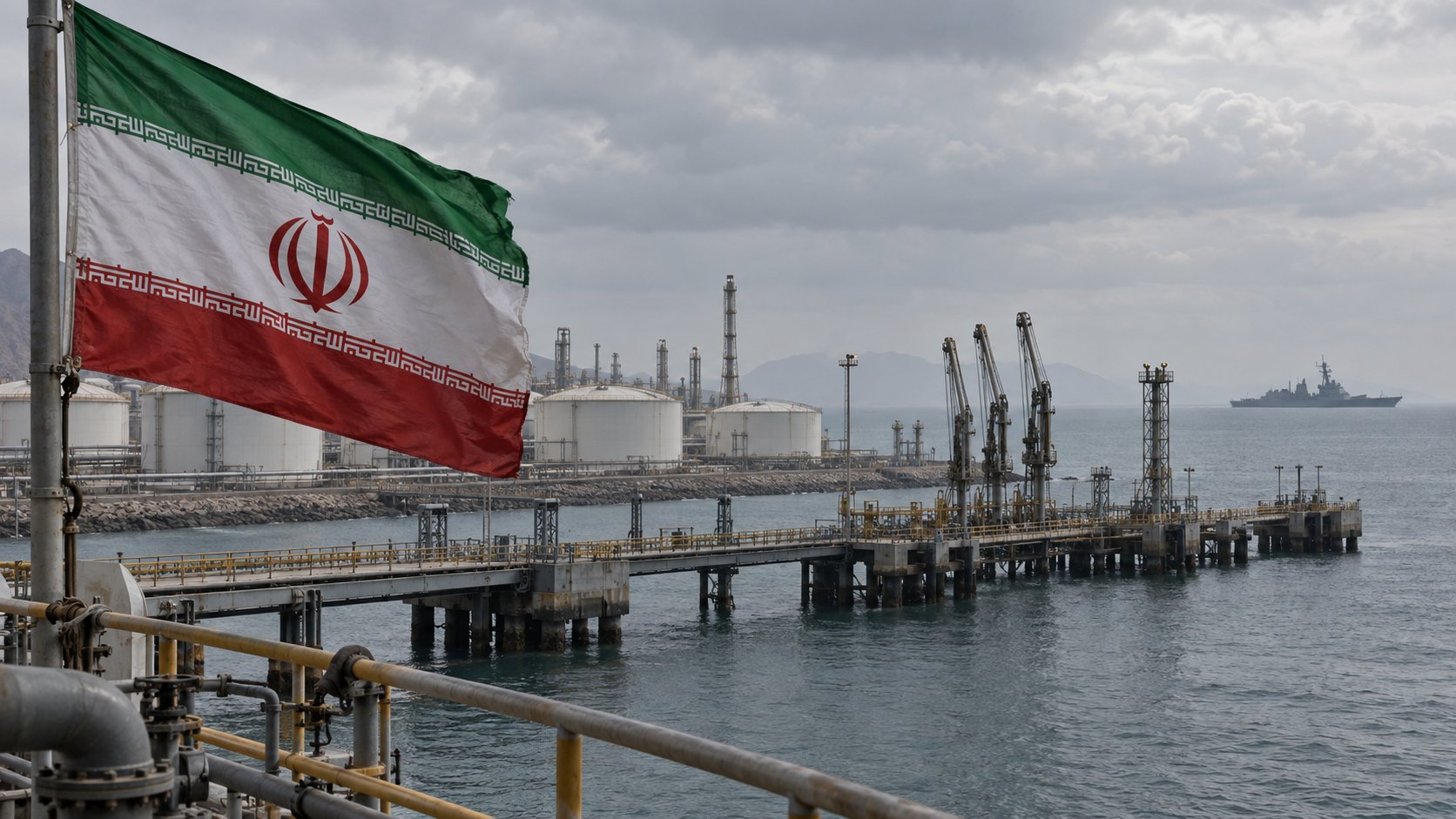Ilustración editorial generada con IA: una bandera de Irán flamea junto a la baranda de una terminal petrolera del golfo Pérsico, con un muelle de carga de crudo vacío, tanques de almacenamiento y, en el horizonte, la silueta de un buque de guerra; composición conceptual, no es una fotografía de una terminal ni de un buque reales.