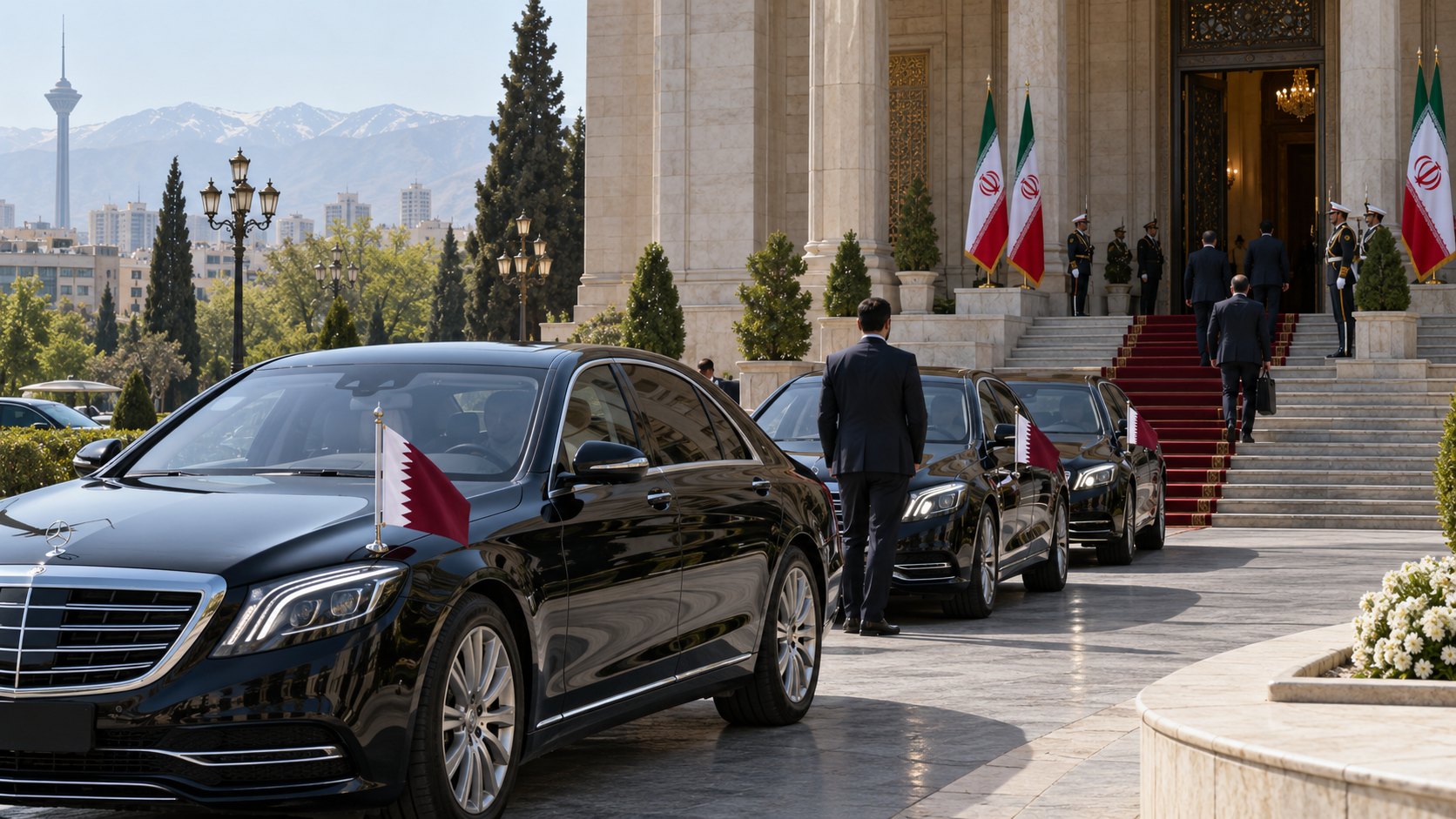 Ilustración editorial generada con IA: una caravana diplomática con banderas de Qatar llega a un edificio gubernamental de Teherán con banderas de Irán en la fachada; composición representativa, no es una fotografía de la reunión real.