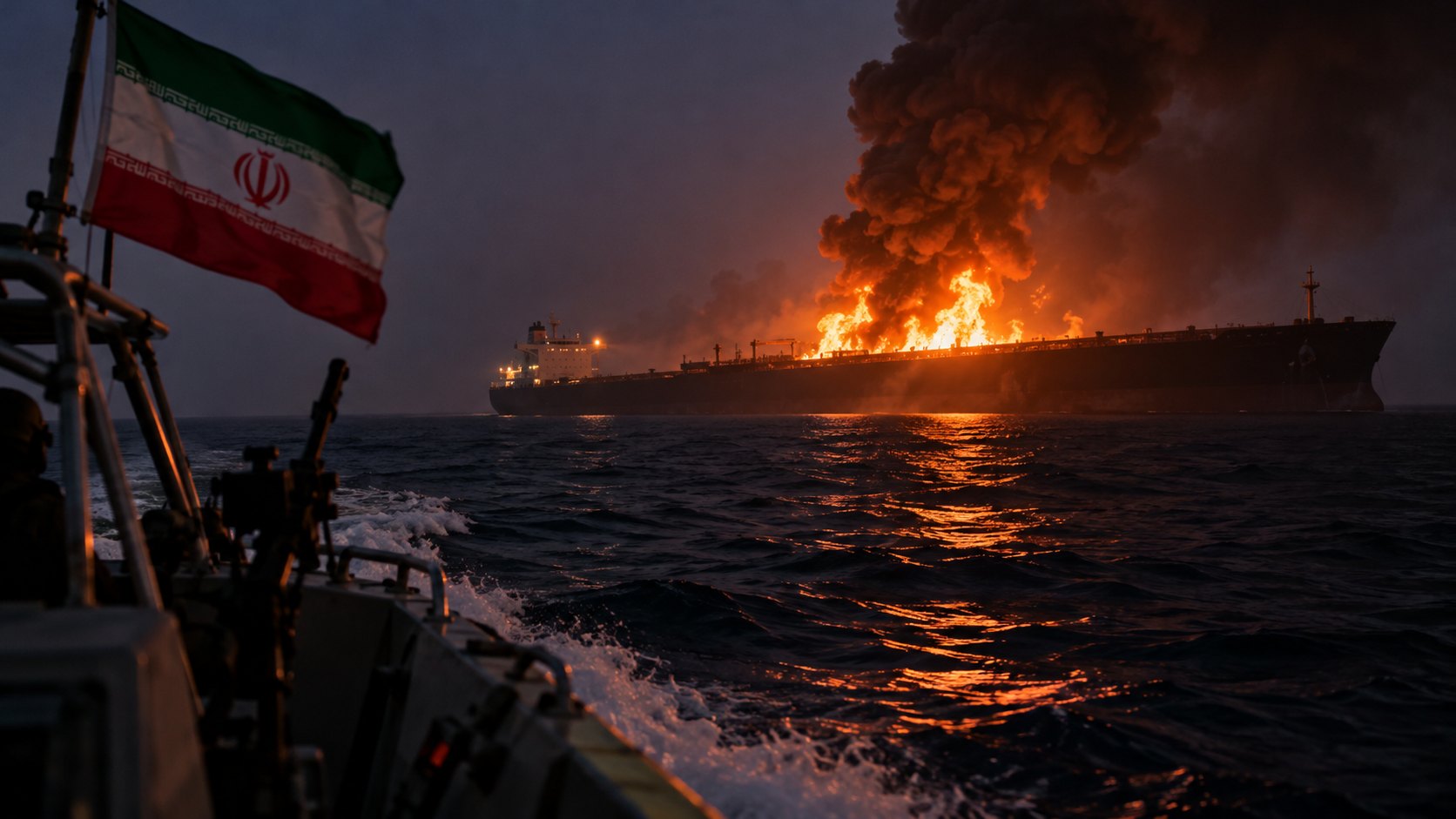 Ilustración editorial generada con IA: un superpetrolero envuelto en llamas y una columna de humo negro navega de noche en el estrecho de Ormuz, visto desde una lancha patrullera con la bandera de Irán en primer plano; composición conceptual, no es una fotografía del buque ni del incidente del 17 de octubre.