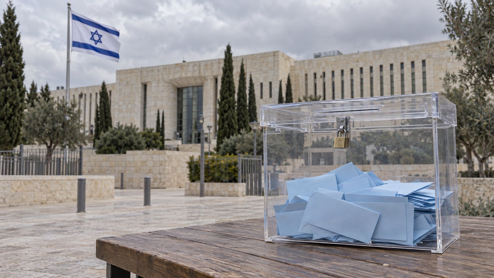 Ilustración editorial generada con IA: el edificio de la Corte Suprema de Israel en Jerusalén con una bandera israelí en el mástil y, en primer plano, una urna electoral transparente con sobres de votación; composición conceptual, no es una fotografía de la audiencia ni del tribunal en la jornada del fallo.