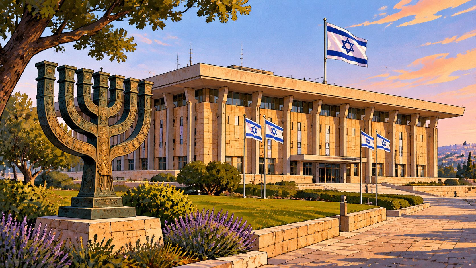 Ilustración editorial generada con IA: el edificio de la Knesset en Jerusalén con banderas de Israel en la fachada, visto desde el jardín de acceso con la gran menorá de bronce en primer plano, a la hora dorada; composición representativa, no es una fotografía tomada el 31 de octubre.