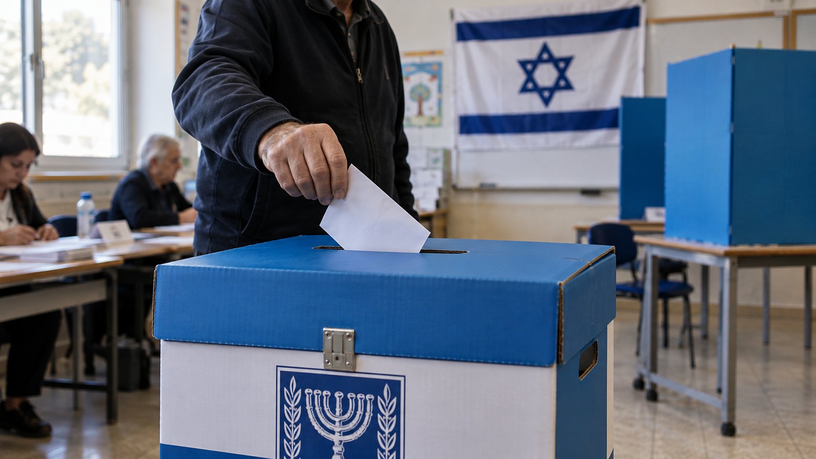 Ilustración editorial generada con IA: un votante introduce el sobre en una urna azul y blanca con el emblema de la menorá, en un aula usada como mesa electoral, con una bandera de Israel en la pared y cabinas de votación azules; composición representativa, no es una fotografía de la jornada.