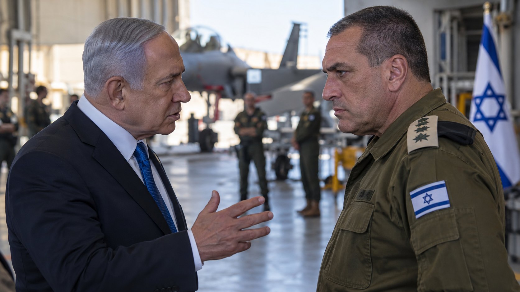 Ilustración editorial generada con IA: Benjamin Netanyahu, de traje, y el jefe del Estado Mayor israelí, Eyal Zamir, de uniforme verde oliva, conversan tensos frente a frente en un hangar de una base aérea con cazas y una bandera de Israel al fondo; composición conceptual, no es una fotografía de la reunión real.