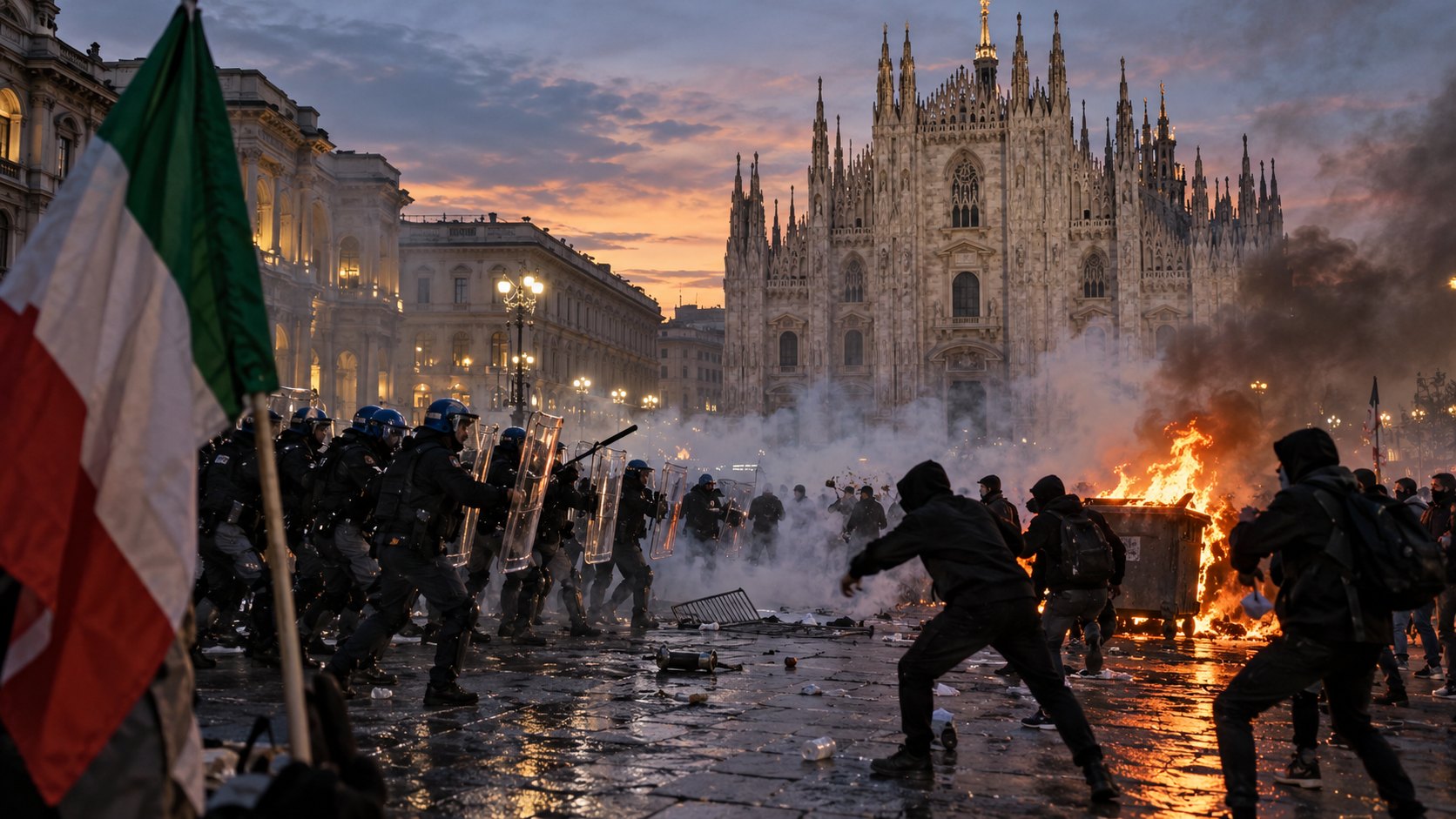 Ilustración editorial generada con IA: al atardecer, frente a la catedral del Duomo de Milán, una línea de policías antidisturbios italianos con cascos y escudos avanza entre humo de gas lacrimógeno hacia jóvenes encapuchados vestidos de negro, junto a un contenedor de basura en llamas, con una bandera de Italia en primer plano; composición conceptual, no es una fotografía de los disturbios reales.