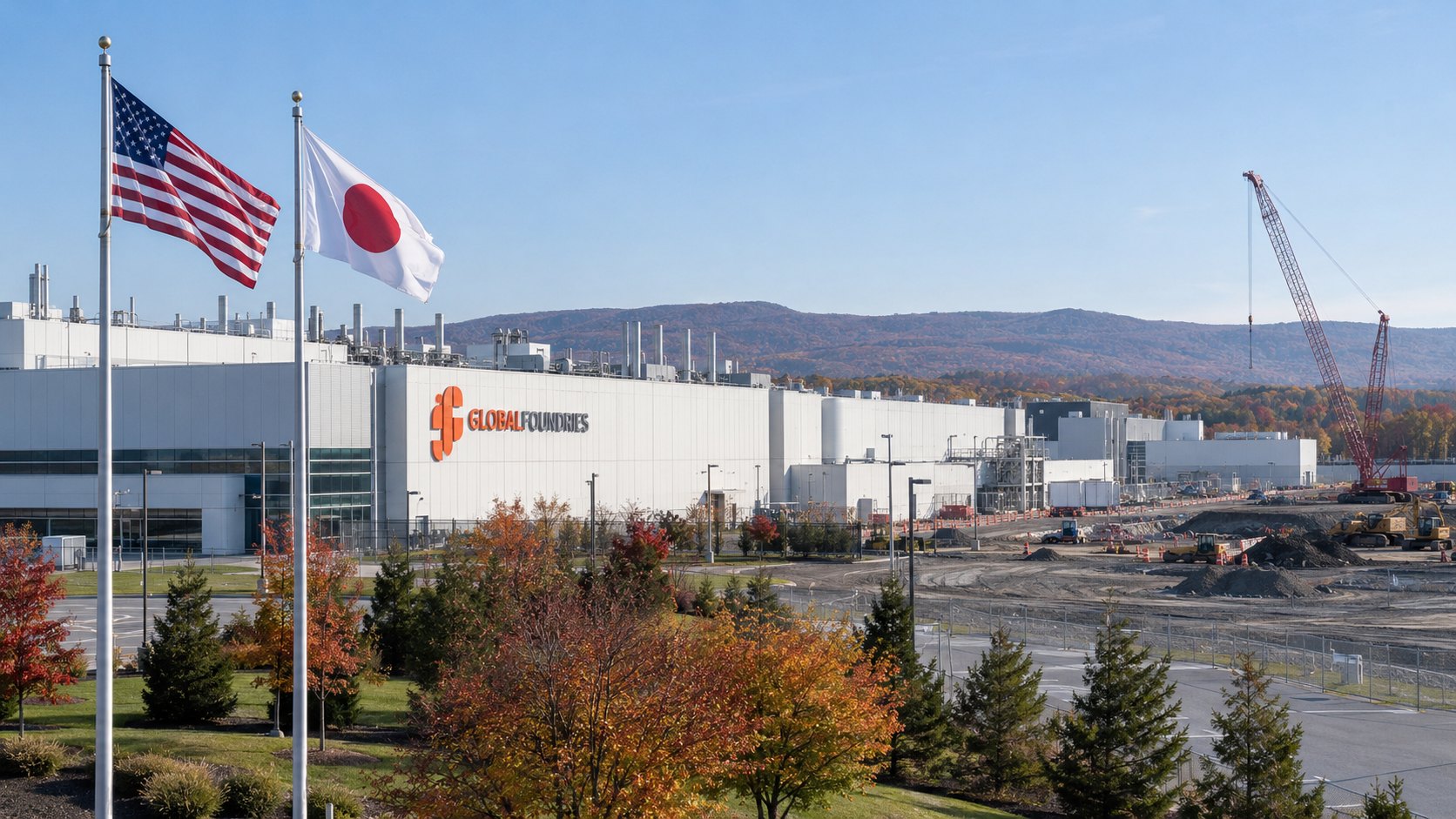 Ilustración editorial generada con IA: la fábrica de semiconductores de GlobalFoundries en Malta, Nueva York, un extenso edificio blanco con el logotipo de GlobalFoundries en la fachada, con banderas de Estados Unidos y Japón en primer plano y, a la derecha, un terreno en obra con una grúa, entre árboles otoñales; composición conceptual, no es una fotografía de la planta real ni de las obras.