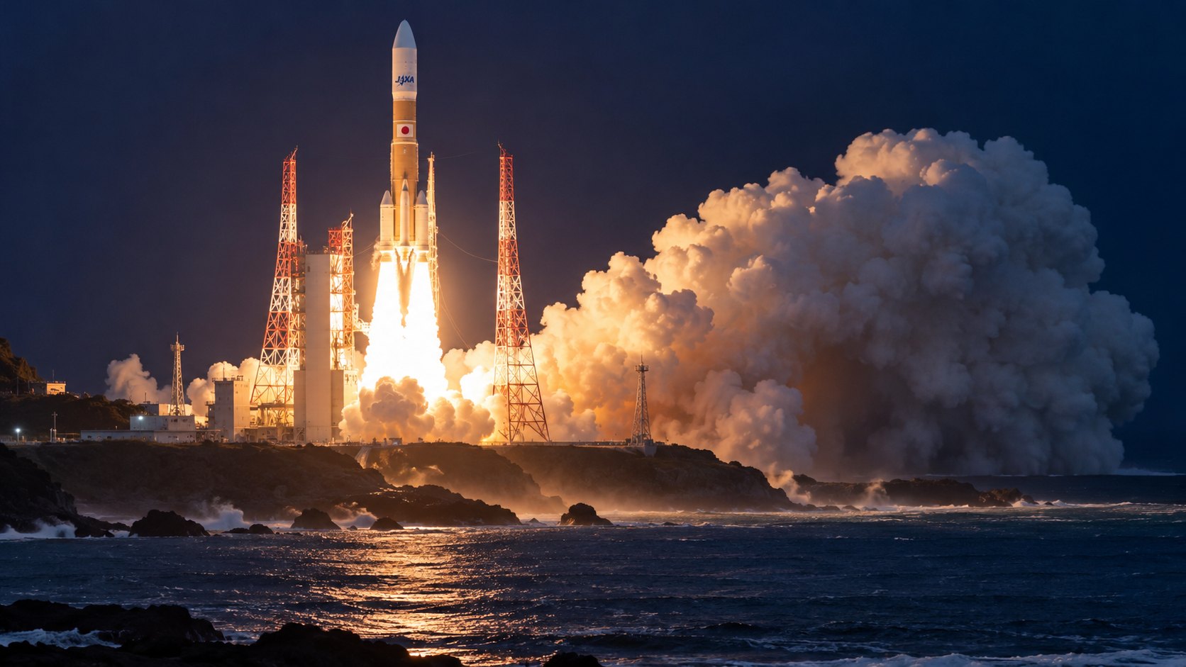 Ilustración editorial generada con IA: un cohete H3 con el logo de JAXA y la bandera de Japón despega de noche desde una plataforma costera, entre torres de iluminación y una gran nube de vapor sobre el mar; composición conceptual, no es una fotografía del lanzamiento de MMX.