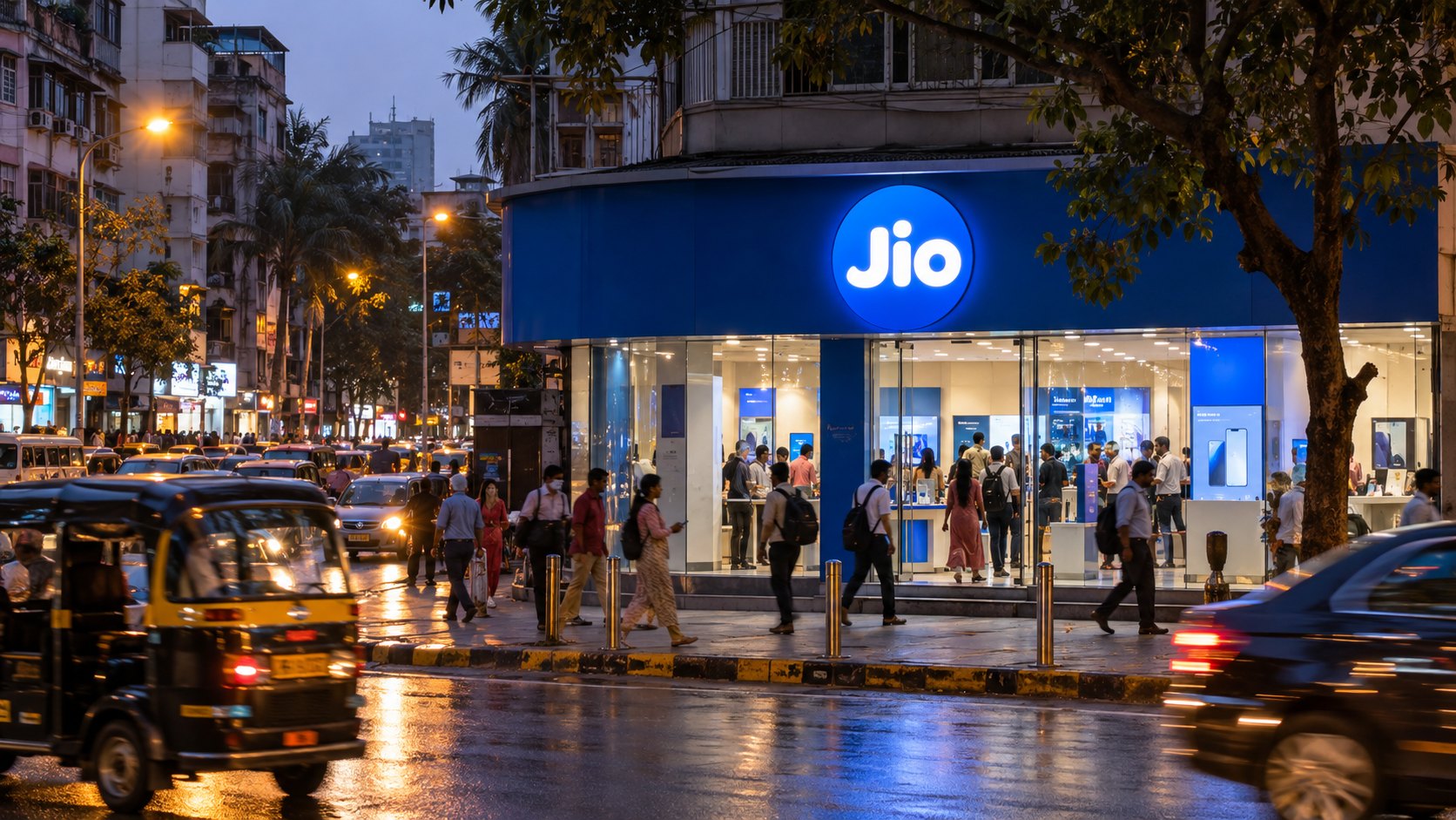 Ilustración editorial generada con IA: una tienda de Jio con el logo azul iluminado en la fachada, en una calle de Mumbai al anochecer con peatones, autos y mototaxis; composición conceptual, no es una fotografía de un local real.