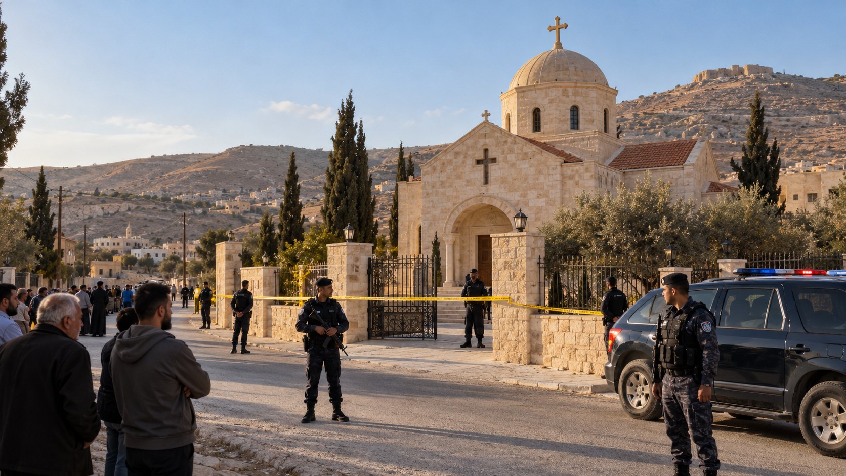 Ilustración editorial generada con IA: el exterior de una iglesia ortodoxa griega de piedra clara con cúpula y cruz en una aldea de colinas áridas del sur de Jordania, rodeada por cinta policial, con agentes de seguridad jordanos, un vehículo policial y vecinos que observan; composición conceptual, no es una fotografía de la iglesia de San Jorge en Hamoud.