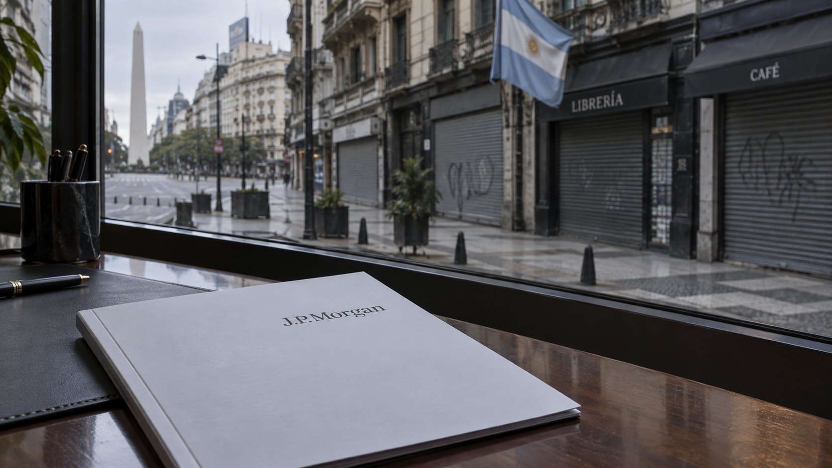Ilustración editorial generada con IA: un informe impreso con el nombre de J.P. Morgan sobre un escritorio junto a una ventana que da a una calle comercial de Buenos Aires con persianas bajas, una bandera argentina y el Obelisco al fondo; composición conceptual, no es una fotografía del informe real.