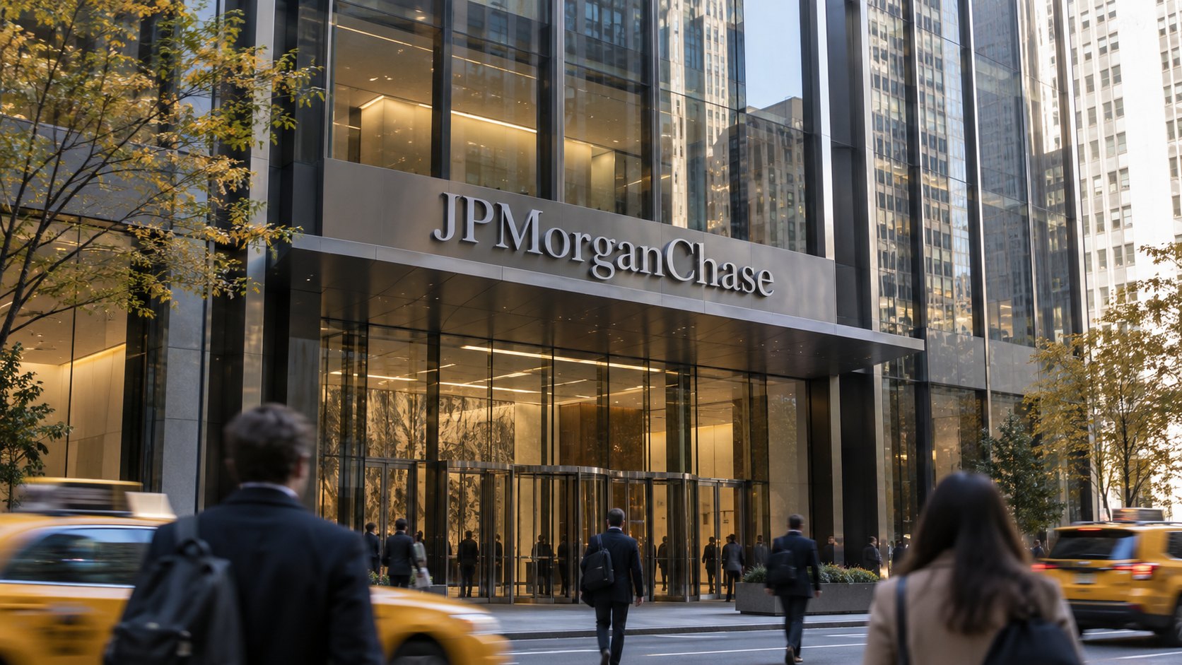 Ilustración editorial generada con IA: la entrada de la sede de JPMorgan Chase en 270 Park Avenue, Nueva York, con el nombre JPMorganChase sobre la marquesina, peatones de espaldas y taxis amarillos en una mañana de otoño; composición conceptual, no es una fotografía del día.